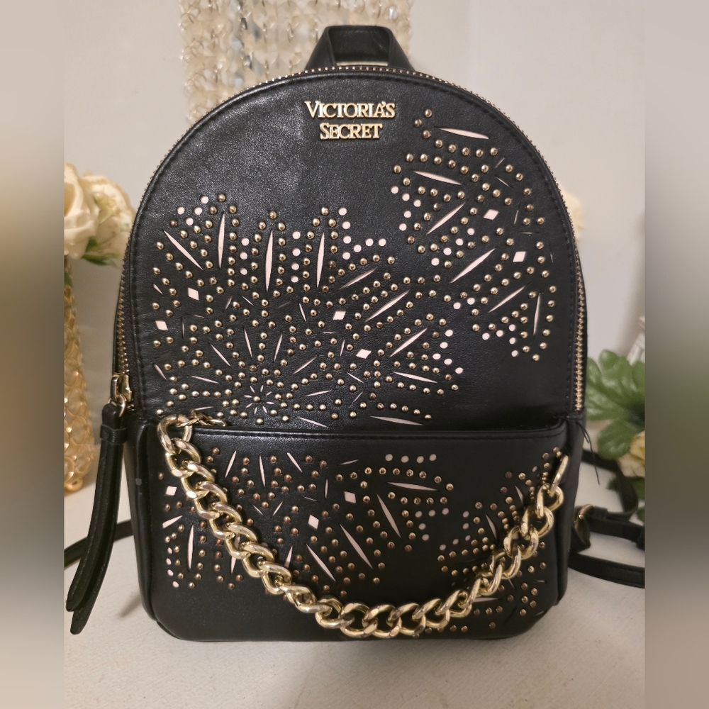 Victoria's Secret Black and Gold Women's Backpack Leather